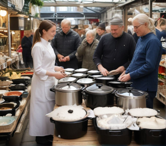 In a bustling Swedish marketplace, diverse individuals debate rice cooker reviews, intertwining religious beliefs and political ideologies with culinary preferences.