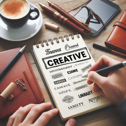 A person writing down creative brand names on a notepad.