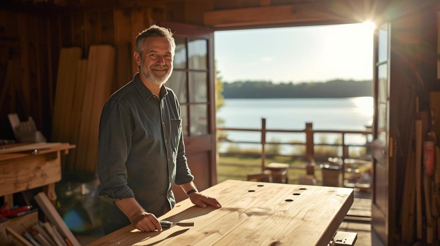 Carpenter smiling in lakeside workshop, sunlight streaming, symbolizing thoughtful leadership craftsmanship.